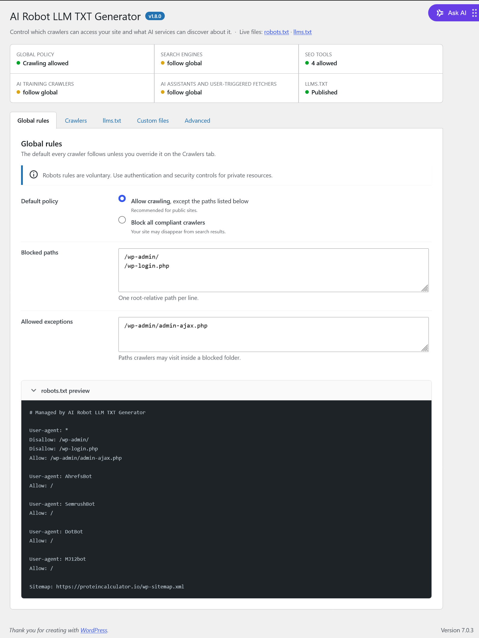 Crawler control settings screen