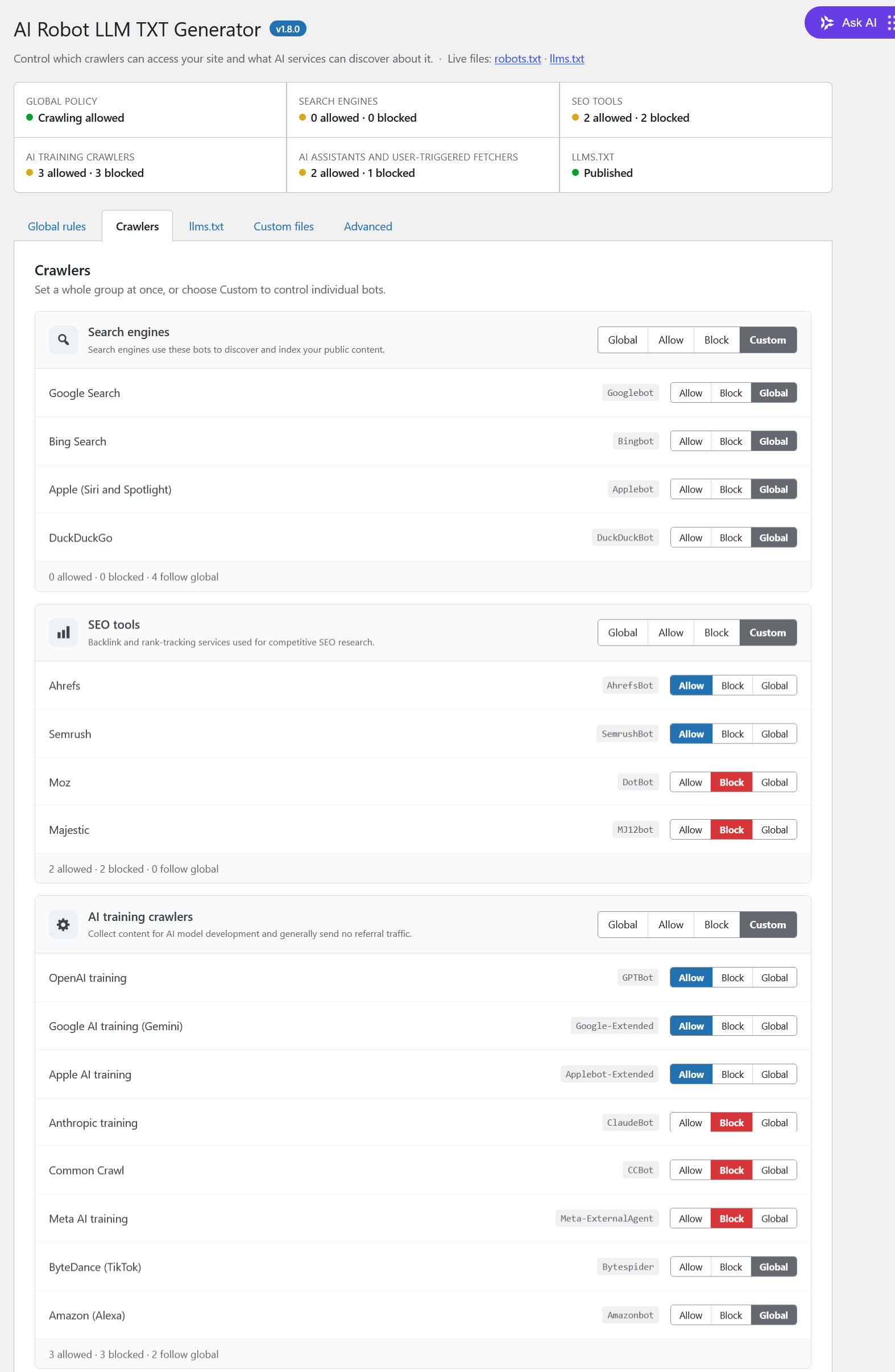 robots.txt editor with live preview
