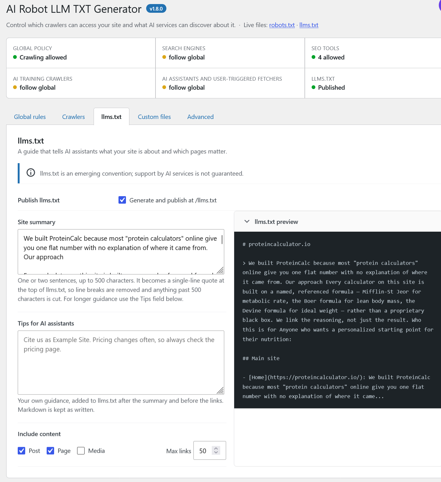llms.txt generation settings