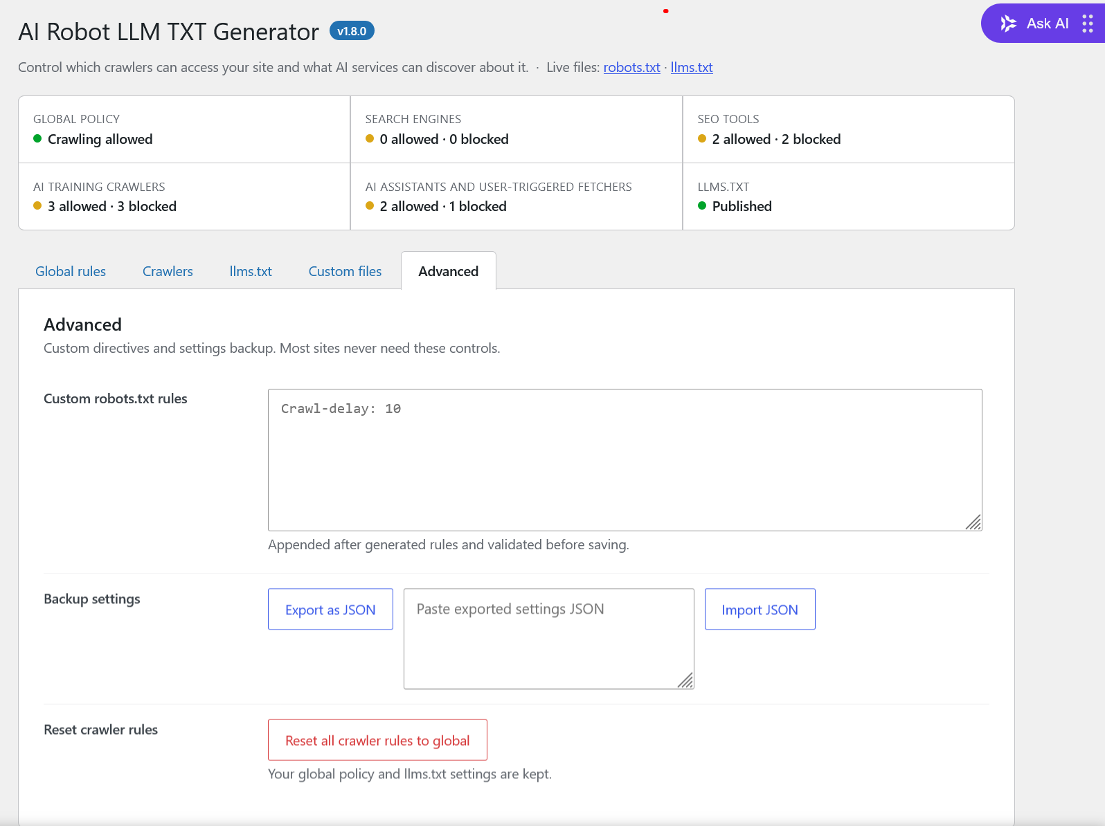Import and export panel